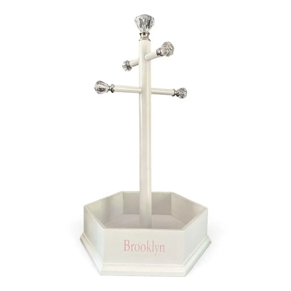 Pottery Barn Kids Jewelry Stand CottageCore Wood Tray 4 Arms Crystal Knobs READ